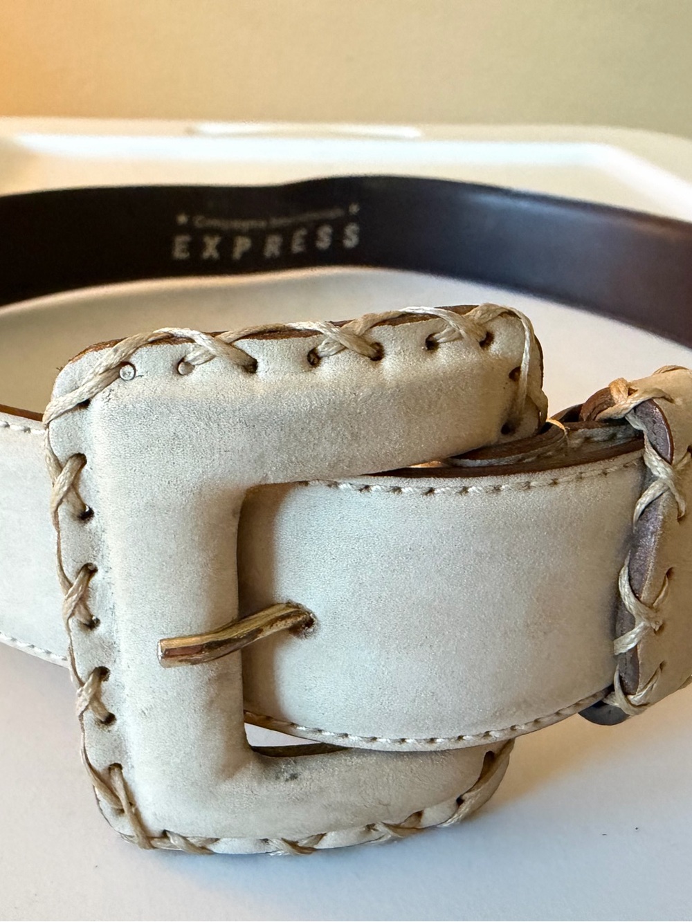 VINTAGE Express Creamy Tan Suede Nubuck Leather Belt with Whipstitch Buckle